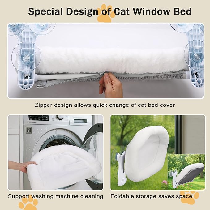 Cat Window Perch with 6 Strong Suction Cups,Includes Summer and Winter Removable Cushion - No Drill Installation,50LBS Support Foldable Cordless Cat Beds for Indoor Cats(Large)