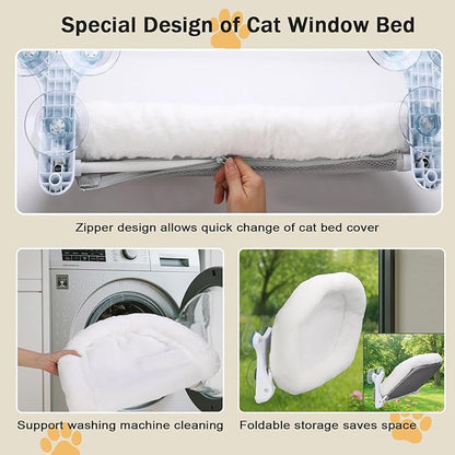 Cat Window Perch with 6 Strong Suction Cups,Includes Summer and Winter Removable Cushion - No Drill Installation,50LBS Support Foldable Cordless Cat Beds for Indoor Cats(Large)