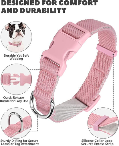 Dynmeow Soft and Breathable Cotton Dog Collar, Durable Adjustable Female Girl Pet Collar with Quick-Release Buckle, Lightweight for Sensitive Skin for Small and Medium Dogs, Pink, S