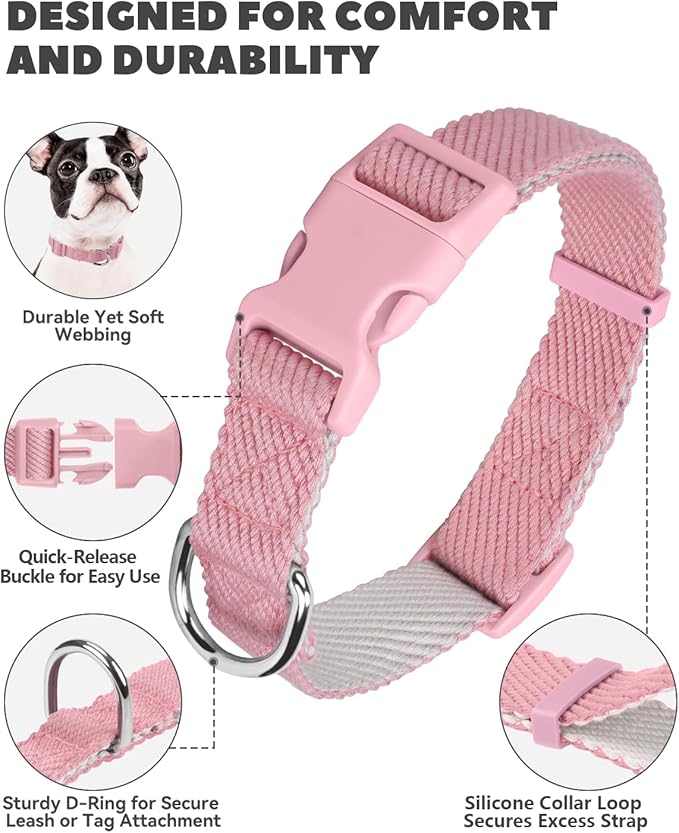 Dynmeow Soft and Breathable Cotton Dog Collar, Durable Adjustable Heavy-Duty Female Girl Pet Collar with Quick-Release Buckle, Lightweight for Sensitive Skin for Medium and Large Dogs, Pink, M