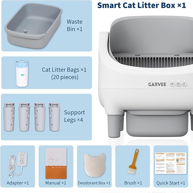 Self Cleaning Litter Box, Automatic Cat Litter Box with APP Control, Odor-Free Waste Disposal Includes Trash Bags, Large Waste Bin, Open-Top, for Multiple Cats, Light Grey