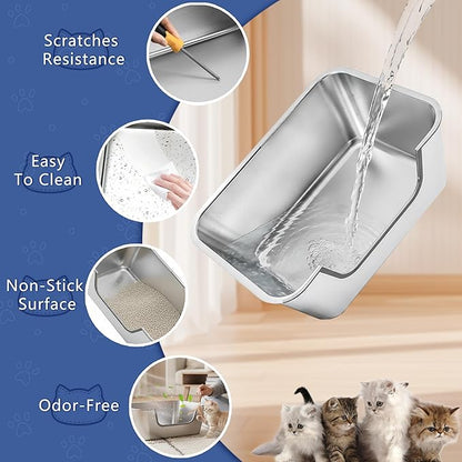 2 Pack Stainless Steel Cat Litter Box with Low Entry,Litter Pan for Small and Medium Cats,Easy to Clean, Non-Stick, Odor-Free,Suitable for Kittens,Senior Cats and Injured Pets,17.7"x13.8"x5.9"