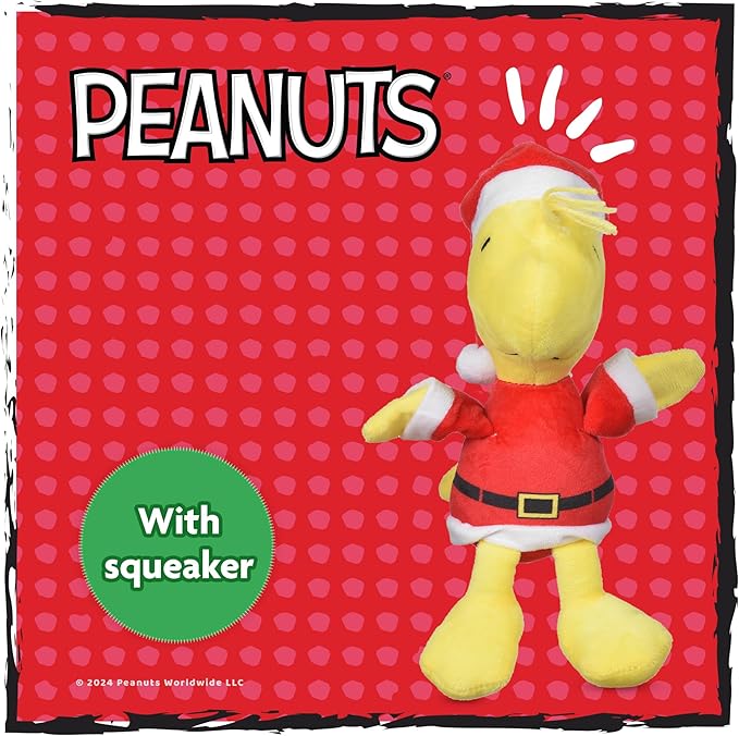 Peanuts for Pets 9" Holiday Woodstock Santa Plush Dog Toy with Squeaker | Yellow and Red Charlie Brown Plush Dog Toy | Medium Squeaky Dog Toys- Cute and Soft Stuffed Dog Toys for All Dogs Toy Bin