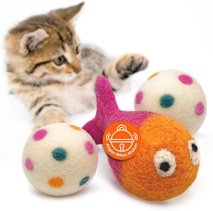 Hustle & Blush Love Ewe Felted Cat Toys 3 Pack - 3 Inch Fish w/Bell & 2 Inch Ball Hand Made Cute & Fun Design Kitten Wool Felt Balls for Indoor Play & Exercise -100% New Zealand Handmade Felted Balls