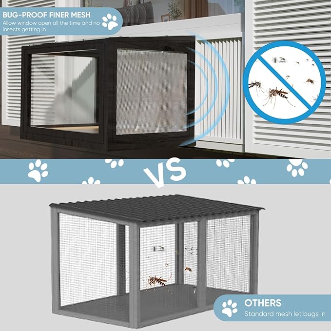 Cat Window Box Weatherproof Catio Outdoor Cat Enclosure Perch with Bug-Proof Wire Grid Fits Double Hung Frames 25.4" to 43.3" Wide Sunbathing Napping Overlooking