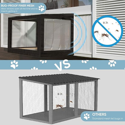 Cat Window Box Weatherproof Catio Outdoor Cat Enclosure Perch with Bug-Proof Wire Grid Fits Double Hung Frames 25.4" to 43.3" Wide Sunbathing Napping Overlooking