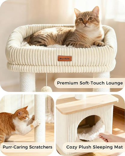 Modern Cat Tree for Indoor Cats, Nordic Loft Style, Wooden Cat Tower with Sisal Scratching Posts, Soft Padded Beds & Cozy Condos, Floor-Mounted for Kittens & Adult Cats