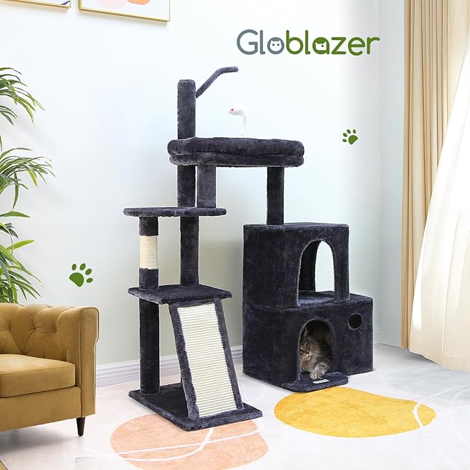 Globlazer Cat Tower for Indoor Adult Cats, 50-inch Heavy Duty Cat Tree House for Big Cats with Extra-Large Padded Platform, Sisal Scratching Board, 2 Large Condos, F50, Dark Grey