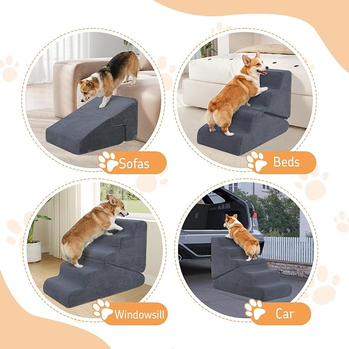 Dog Ramp for Bed, 20" H Dog Stairs for High Bed, 2 in 1 Pet Steps for Small Dogs, 4-Step Foldable Transformable Large Cats Ramp to Get on Couch, Non-Slip Balanced, Grey