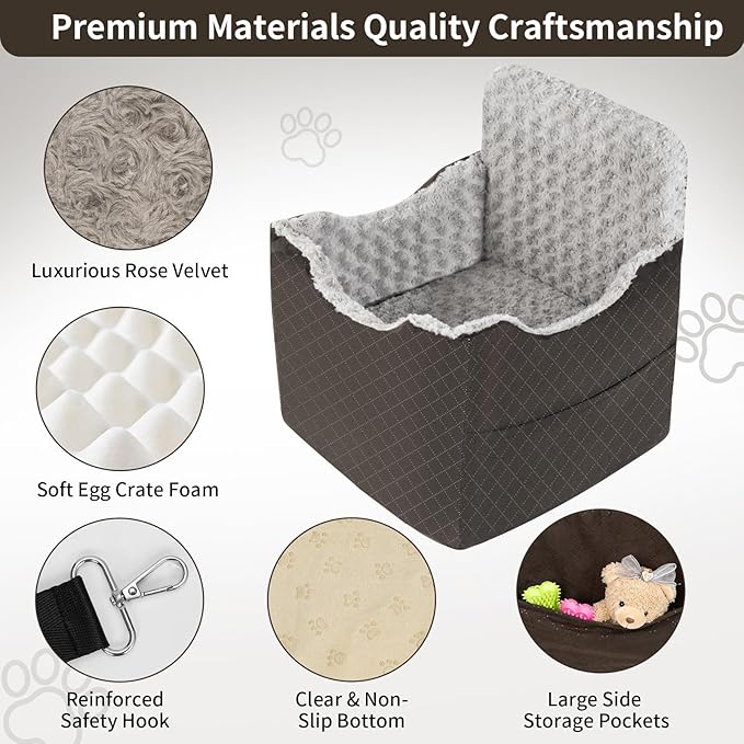 Dog Car Seat for Small Medium Dogs - 6.7inch Elevated Dog Booster Car Seats wih Soft Rose Velvet, Washable Travel Pet Carseat with 2 Safety Leashes and Storage Pockets(Grey/Black Coffee)