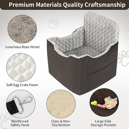 Dog Car Seat for Small Medium Dogs - 6.7inch Elevated Dog Booster Car Seats wih Soft Rose Velvet, Washable Travel Pet Carseat with 2 Safety Leashes and Storage Pockets(Grey/Black Coffee)