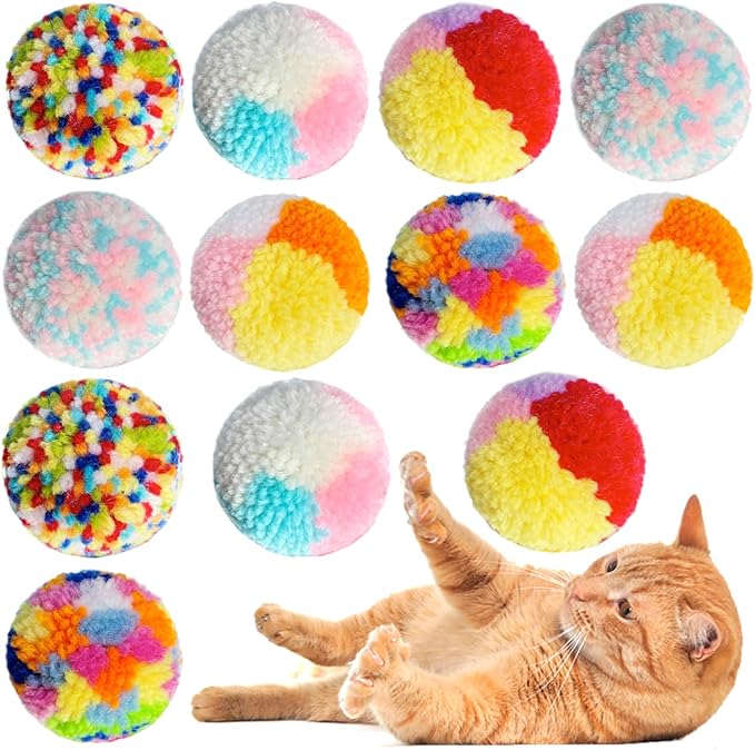 Assorted Color Cat Ball Toys, Woolen Yarn Puffs Pom Balls Interactive Kitten Chasing Toys Cat Chase Balls (12Pcs)