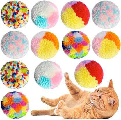Assorted Color Cat Ball Toys, Woolen Yarn Puffs Pom Balls Interactive Kitten Chasing Toys Cat Chase Balls (12Pcs)