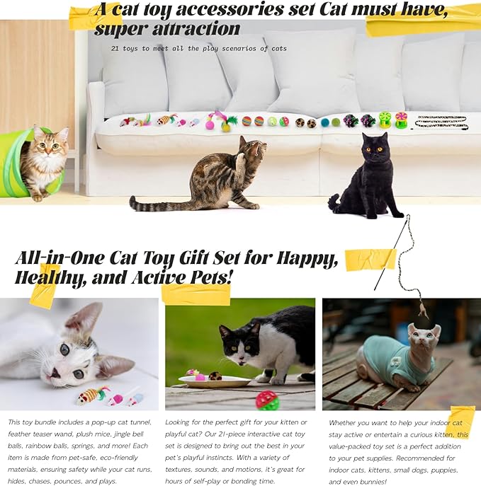 21 PCS Cat Toys Kitten Toys Set – Interactive Cat Tunnel with Feather Wand, Plush Mice, Crinkle Balls, Jingle Balls, Spring Toys – Indoor Play Set for Cats, Kittens, Rabbits, Puppies