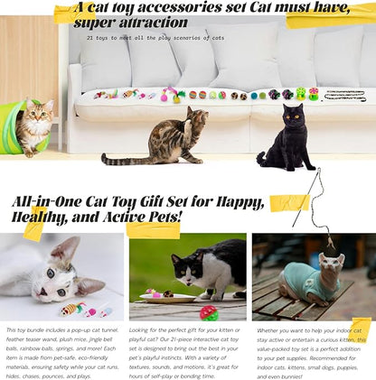 21 PCS Cat Toys Kitten Toys Set – Interactive Cat Tunnel with Feather Wand, Plush Mice, Crinkle Balls, Jingle Balls, Spring Toys – Indoor Play Set for Cats, Kittens, Rabbits, Puppies