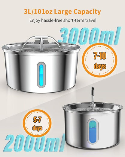 Cat Water Fountain Stainless Steel, 0.8gal/108oz Automatic Cat Drinking Fountain with 3 Filters, Pet Water Dispenser with Quiet Pump, Suitable for Cats, Dogs and Multi-pet households