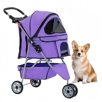 BestOffice Pet Stroller for Small Medium Dogs & Cats, 3-Wheel Foldable Dog Stroller with Cup Holder, Lightweight Travel Carrier, Waterproof Design for Outdoor Walks, Purple