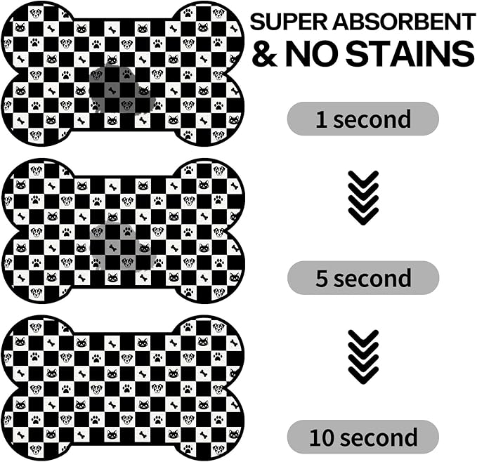 Pet Dog Cat Food Mat, Absorbent Bone Shaped Dog Bowl Mats for Food and Water, Non Slip Cute Footprint Dogs Cat Placemats Feeding Mat for Floors Puppy Pet Accessories Supplies 16"x24" Black White