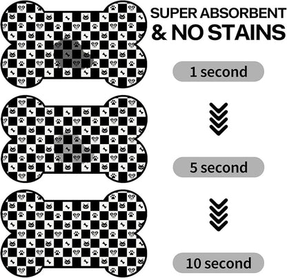 Pet Dog Cat Food Mat, Absorbent Bone Shaped Dog Bowl Mats for Food and Water, Non Slip Cute Footprint Dogs Cat Placemats Feeding Mat for Floors Puppy Pet Accessories Supplies 16"x24" Black White