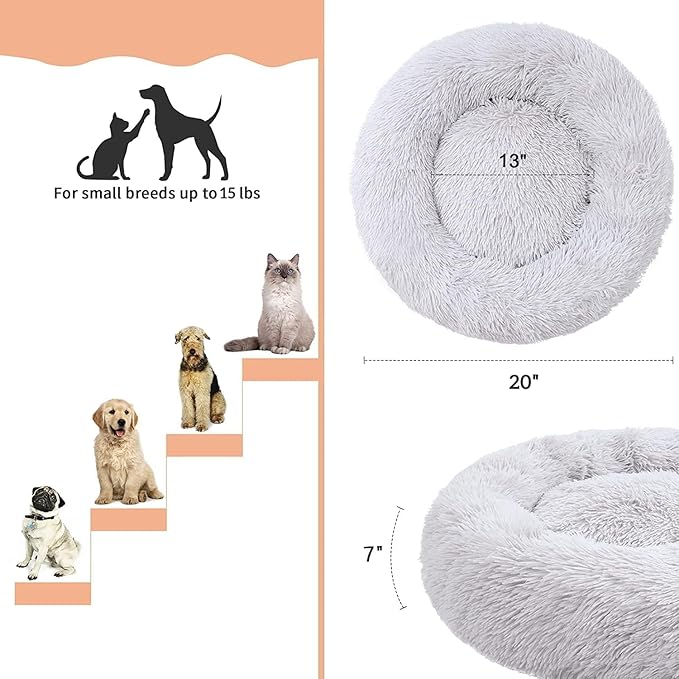 Cat Beds for Indoor Cats - Cat Bed Washable 20 inches, Dog Beds for Small Medium Dogs, Anti Anxiety Round Fluffy Plush Faux Fur Pet Bed, Thick Bottom (Light Grey, Medium)