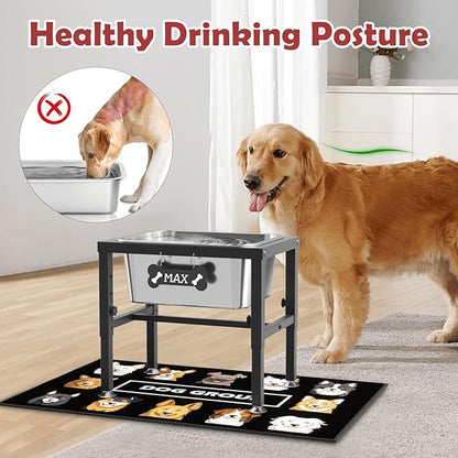 2.8 Gallon Elevated Large Dog Water Bowl, ADENGL 4-Height Adjustable (9.4–14.2'') Raised Stainless Steel Bowl, Dog Bowls Elevated with Spill-Proof Mat & Sturdy Metal Stand for Indoor/Outdoor Use