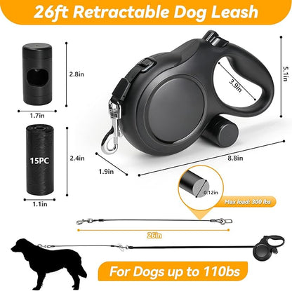 Upgraded Retractable Dog Leash with Chew Proof Cable, 26ft Heavy Duty Dog Leash for Large Dogs up to 110lbs, No-Tangle, Non-Slip Handle, One-Handed Brake, with Poop Bag Holder (Black, L 26ft)