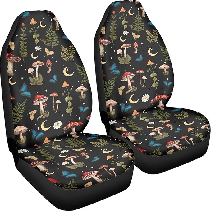 Mushroom Daisy Print Car Seat Covers Front Seats Only Set for Women Men, Easy Install Clean Universal Car Interior Covers Seat Protectors