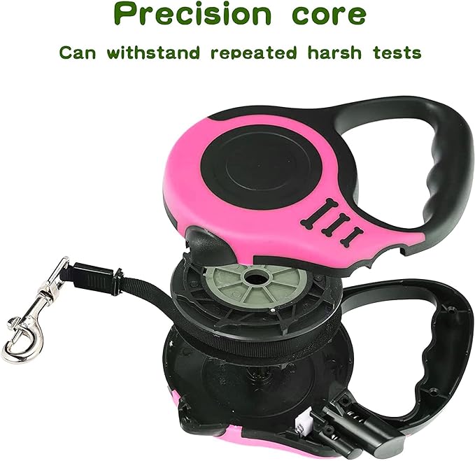 Retractable Heavy Duty Dog Leash - 16FT Pink, Tangle-Free Nylon Tape, Anti-Slip Handle, Waste Bag Dispenser for Small Dog or Cat up to 26 lbs