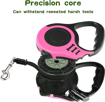 Retractable Heavy Duty Dog Leash - 16FT Pink, Tangle-Free Nylon Tape, Anti-Slip Handle, Waste Bag Dispenser for Small Dog or Cat up to 26 lbs