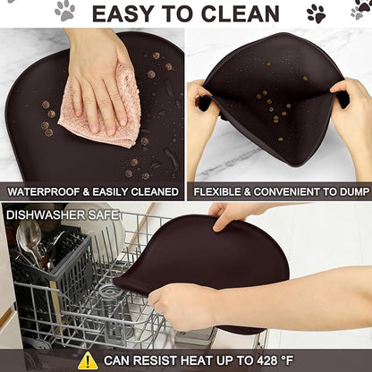 Small Silicone Pet Food Mat with Raised Edge for Food and Water Bowl, Square Dog Feeding Mats, Cat Food Trays for Floor Waterproof, Rubber Tray for Dogs and Cats, 12 x 12 x 0.7 Dark Brown