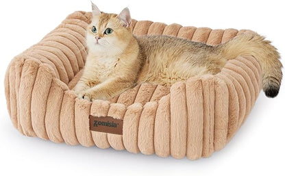Small Dog Beds for Small Dogs - Washable Cat Beds for Indoor Cats, Rectangle Orthopedic Puppy Bed with Fluffy Removable Cover, 20x19x7inches, Camel
