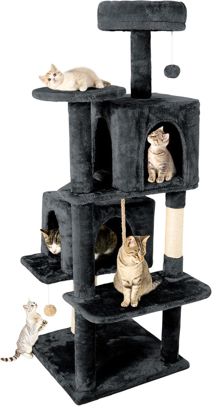 58in Large Cat Tree Tower for Indoor Cats with Soft Plush Hang Ball, Two Condos, Sisal Scratch Posts & Rope Play for Kittens/Adult Cats, Dark Grey