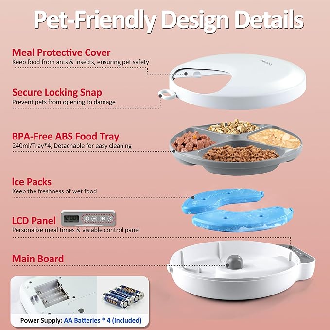 Automatic Cat Feeder Wet Food, Battery Operated Auto Feeder 4 Meals with 2 Ice Packs, Digital Cordless Pet Fresh Food Bowl for Cats Small Dogs with Programmable 12H/24H Format Timer-(Battery Included)
