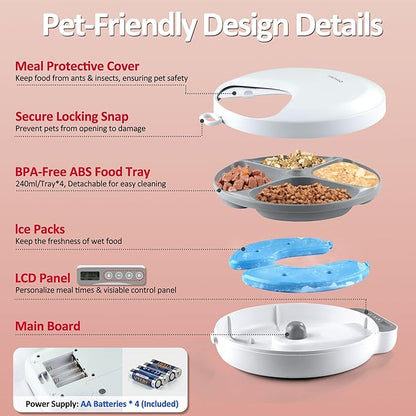 Automatic Cat Feeder Wet Food, Battery Operated Auto Feeder 4 Meals with 2 Ice Packs, Digital Cordless Pet Fresh Food Bowl for Cats Small Dogs with Programmable 12H/24H Format Timer-(Battery Included)