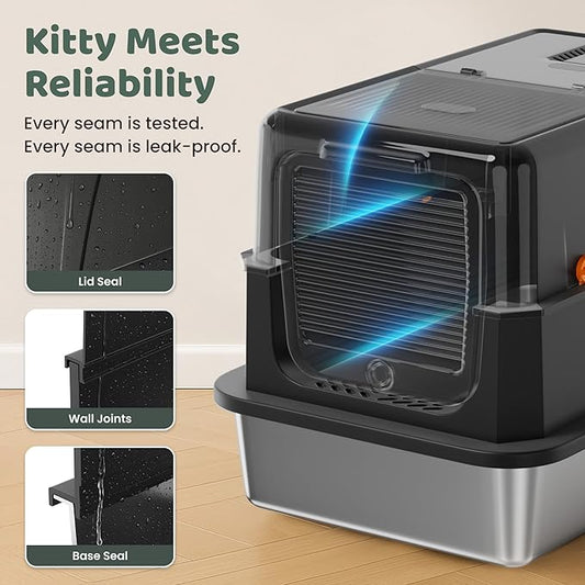 Stainless Steel Litter Box with Lid - XL Enclosed Litter Box for Cats with Collecting Mat - 4 Way Setup Fully Closed, Semi Low, High & Open Kitty Boxes, Leak Proof Metal LitterBox (Black)