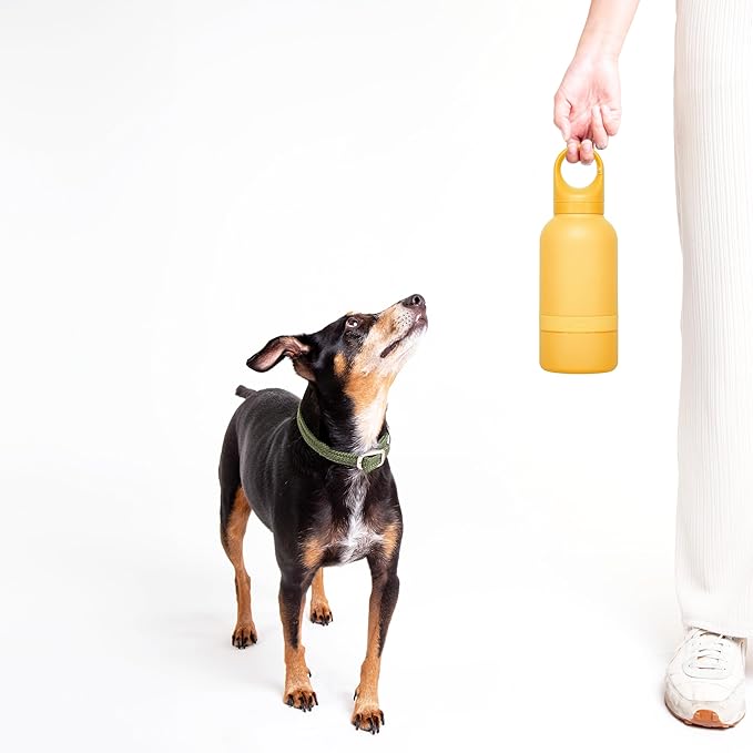 Ubbi Pup & Me Insulated Stainless Steel Dog Water Bottle with Attached Bowl, 32 oz Portable Leakproof Travel Bottle for Dogs and Owners, Yellow