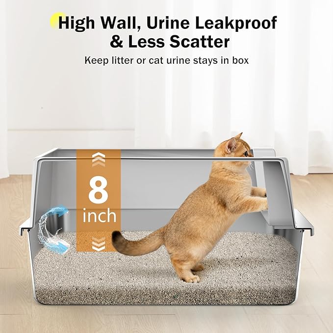 Stainless Steel Cat Litter Box with Lid, High-Sided Metal Litter Pan for Small Cats, Kitty Litter Box, Non-Stick & Odor-Resistant, Anti-Urine Leakage, Easy to Clean, Scoop Included