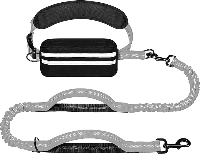 Hands Free Dog Leash with Zipper Pouch, Running Waist Leash for Dog Walking, Adjustable Waist Belt for Large Dogs, Reflective Bungee Design with Two Handle for Hiking, Training, Grey