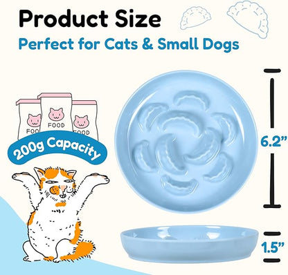 Slow Feeder Bowl for Cats and Small Dogs - Set of 3 Melamine Puzzle Cat Plates for Wet & Dry Food- Whisker Friendly & Dishwasher Safe & Non Slip Design (Blue + Green +White *3, 6.3''W)