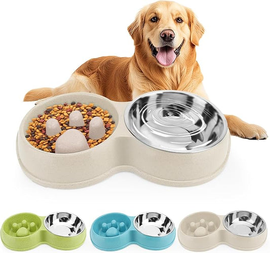 Pets Double Slow Feeder Bowls, Cats & Dogs Food Water Bowls, Stainless Steel Puppy Food and Water Dishes Non-Skid, Pet Feeding Bowl for Small Dogs Puppy Cat (White)