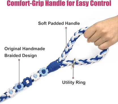 Handmade 5ft Braided Cotton Dog Leash with Unique Floral Handle, Durable and Stylish, Ideal for Small to Large Dogs,Sea Wave