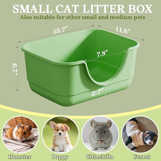 2 Pack Low Entry Small Litter Box for Kittens, Kitty Plastic Litter Boxes, Open Top, Anti-Splash High Sided Litter Tray Pan for Medium Pets, Puppy, Easy to Clean, 15.7"L*11.8"W*6.7"H (Green)