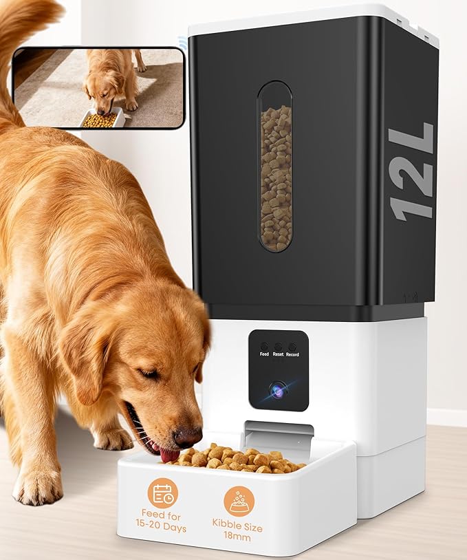 Large Breed Automatic Dog Feeder: 12L/50 Cups with HD 1080P Camera - 5G WiFi Anti-Clog Timed Dog Feeder for Golden Retriever Busy Owners by UTCG