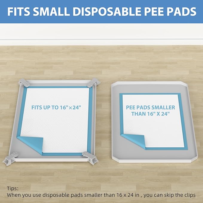 IMMCUTE Pee Pad Holder, Soft Silicone Puppy Pad Holder Fits Up to 16" x 24" Pee Pads, Non-Slip High Edge Potty Pad Holder, Dog Mat for Food and Water for Easy Cleaning with 8 Holder Clamps