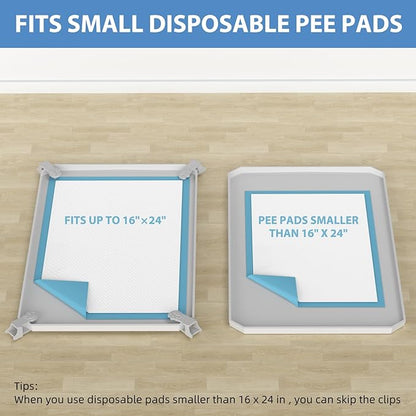 IMMCUTE Pee Pad Holder, Soft Silicone Puppy Pad Holder Fits Up to 16" x 24" Pee Pads, Non-Slip High Edge Potty Pad Holder, Dog Mat for Food and Water for Easy Cleaning with 8 Holder Clamps