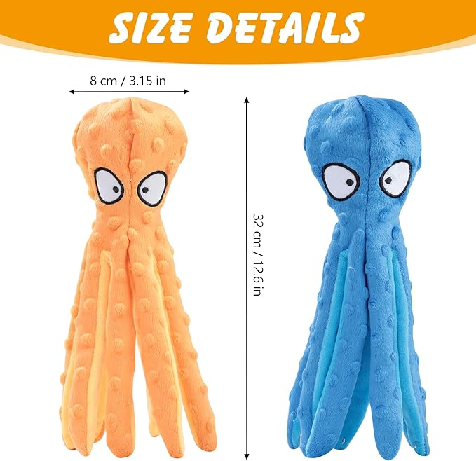 2 Pcs Octopus Dog Toys, No Stuffing Squeaky Dog Toys Chew Toys for Dogs Puppy Toys Indestructible Dog Toy for Small & Medium & Large Dogs (Blue,Orange)