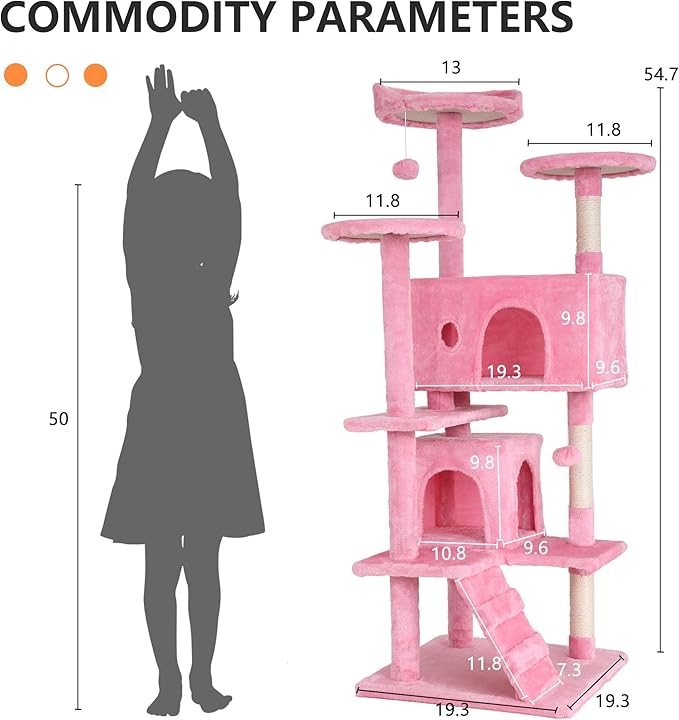 BestPet | 54" Cat Tree Tower | Pink | Sturdy, Easy to Assemble, Multi-Level Activity Center with Sisal Scratching Posts, Condos, Perches, Hanging Cat Toys, Observation Decks & Ladder
