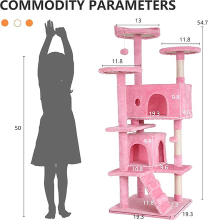 BestPet | 54" Cat Tree Tower | Pink | Sturdy, Easy to Assemble, Multi-Level Activity Center with Sisal Scratching Posts, Condos, Perches, Hanging Cat Toys, Observation Decks & Ladder