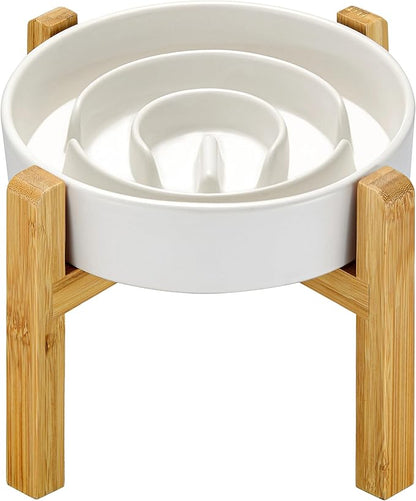 Ceramic Slow Feeder Dog Bowls Elevated, 2.0 Cups Slow Feeder for Medium Dogs, Puzzle Maze Bowl to Slow Down Eating, 30oz, 8in, White