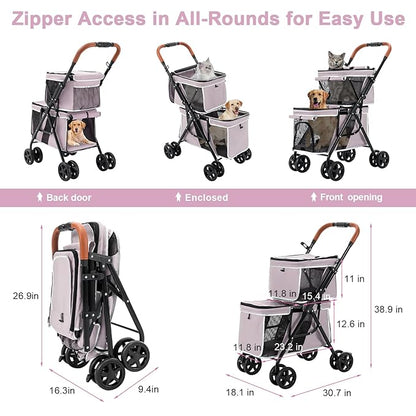 Double Pet Stroller for Dogs and Cats, One-Hand Folding Dog Stroller Travel Carriage for Small Medium Dogs Cats, 4 Wheels, Pink